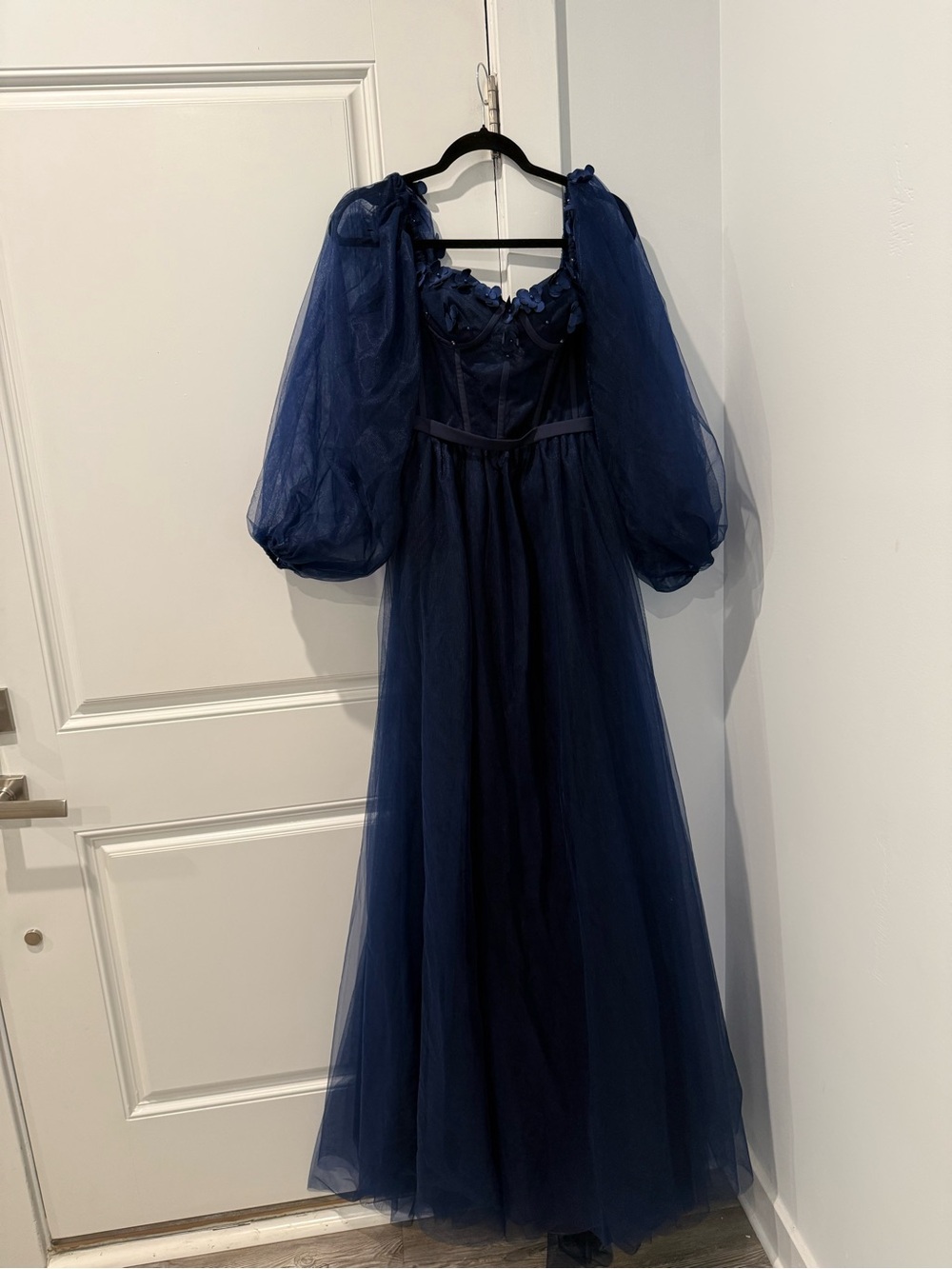 Navy Blue Floral Appliqué Tulle Gown